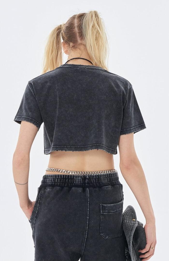 Cropped Tops, Winter Aesthetic Outfit Coquette - Grunge Washed Crop Top Cropped Tops, Winter Aesthetic Outfit Coquette - Grunge Washed Crop Top