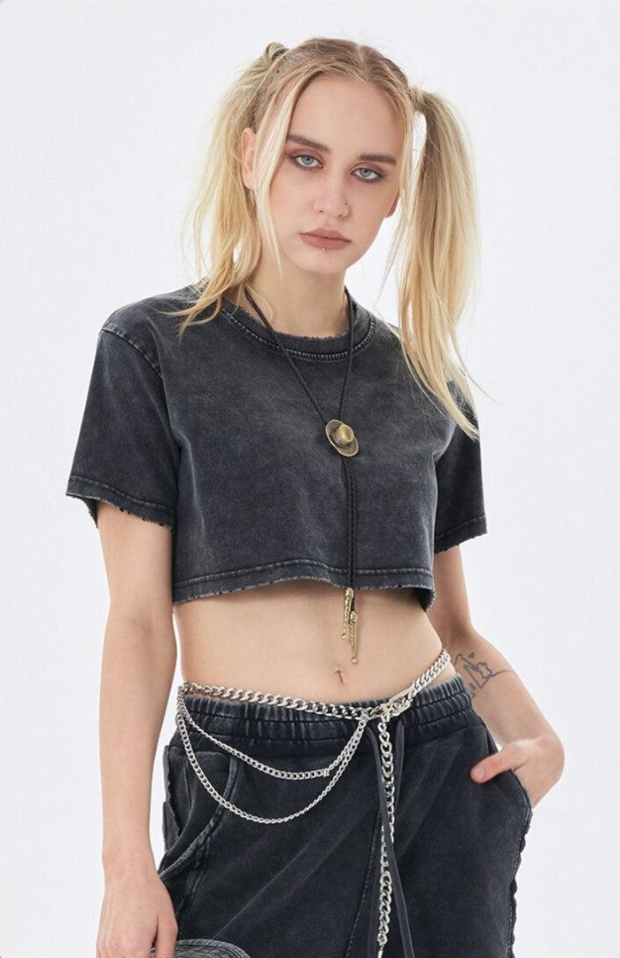 Cropped Tops, Winter Aesthetic Outfit Coquette - Grunge Washed Crop Top Cropped Tops, Winter Aesthetic Outfit Coquette - Grunge Washed Crop Top