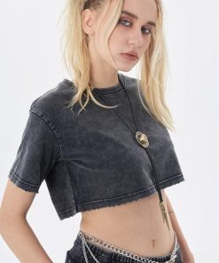 Cropped Tops, Winter Aesthetic Outfit Coquette - Grunge Washed Crop Top