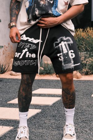 Cross Covenant Hand-Drawn Illustration Classic Slogan Shorts Hip Hop Retro Summer Trendy Five-Point Pants