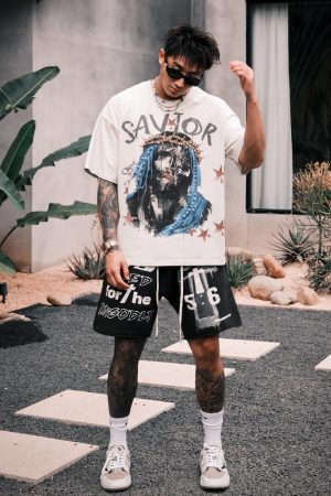 Cross Covenant Hand-Drawn Illustration Classic Slogan Shorts Hip Hop Retro Summer Trendy Five-Point Pants