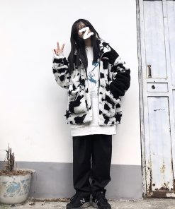 Curry People Winter Lamb Fleece Jacket Cow Print Zipper Stand Collar Thick Coat Loose Fit for Couples