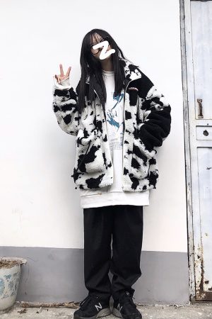 Curry People Winter Lamb Fleece Jacket Cow Print Zipper Stand Collar Thick Coat Loose Fit for Couples