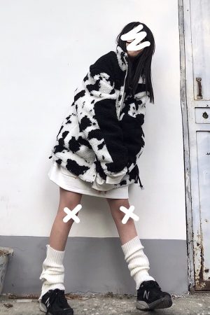 Curry People Winter Lamb Fleece Jacket Cow Print Zipper Stand Collar Thick Coat Loose Fit for Couples