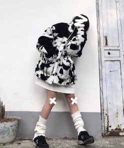 Curry People Winter Lamb Fleece Jacket Cow Print Zipper Stand Collar Thick Coat Loose Fit for Couples