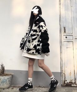 Curry People Winter Lamb Fleece Jacket Cow Print Zipper Stand Collar Thick Coat Loose Fit for Couples