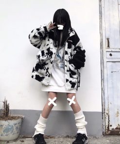 Curry People Winter Lamb Fleece Jacket Cow Print Zipper Stand Collar Thick Coat Loose Fit for Couples