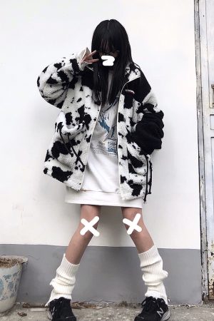 Curry People Winter Lamb Fleece Jacket Cow Print Zipper Stand Collar Thick Coat Loose Fit for Couples