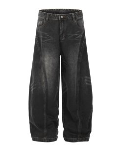 Curved Blade Silhouette Water Wave Pattern Jeans for Men, Spring/Summer 2025, Washed Loose Straight Wide-Leg Pants, Y2K American Style