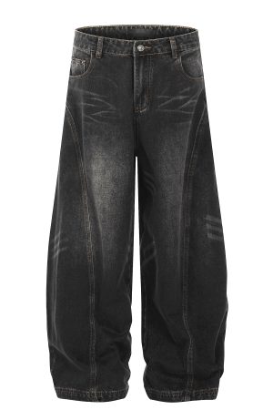 Curved Blade Silhouette Water Wave Pattern Jeans for Men, Spring/Summer 2025, Washed Loose Straight Wide-Leg Pants, Y2K American Style