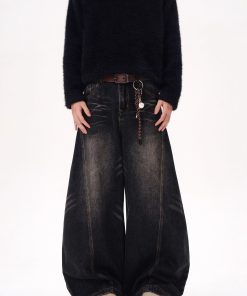 Curved Blade Silhouette Water Wave Pattern Jeans for Men, Spring/Summer 2025, Washed Loose Straight Wide-Leg Pants, Y2K American Style