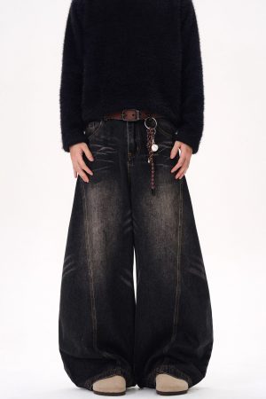 Curved Blade Silhouette Water Wave Pattern Jeans for Men, Spring/Summer 2025, Washed Loose Straight Wide-Leg Pants, Y2K American Style