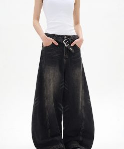 Curved Blade Silhouette Water Wave Pattern Jeans for Men, Spring/Summer 2025, Washed Loose Straight Wide-Leg Pants, Y2K American Style