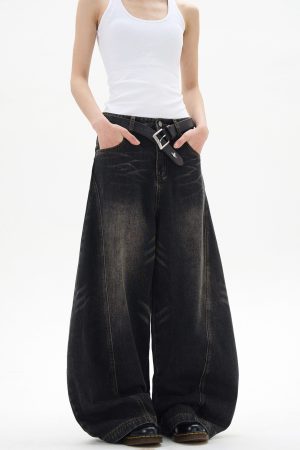 Curved Blade Silhouette Water Wave Pattern Jeans for Men, Spring/Summer 2025, Washed Loose Straight Wide-Leg Pants, Y2K American Style
