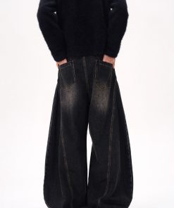 Curved Blade Silhouette Water Wave Pattern Jeans for Men, Spring/Summer 2025, Washed Loose Straight Wide-Leg Pants, Y2K American Style