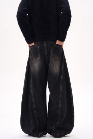 Curved Blade Silhouette Water Wave Pattern Jeans for Men, Spring/Summer 2025, Washed Loose Straight Wide-Leg Pants, Y2K American Style