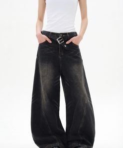 Curved Blade Silhouette Water Wave Pattern Jeans for Men, Spring/Summer 2025, Washed Loose Straight Wide-Leg Pants, Y2K American Style