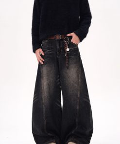 Curved Blade Silhouette Water Wave Pattern Jeans for Men, Spring/Summer 2025, Washed Loose Straight Wide-Leg Pants, Y2K American Style