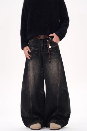 Curved Blade Silhouette Water Wave Pattern Jeans for Men, Spring/Summer 2025, Washed Loose Straight Wide-Leg Pants, Y2K American Style