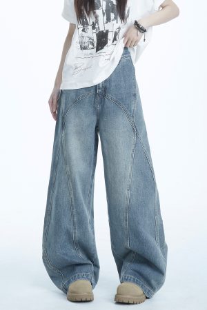 Curved Knife Jeans for Women - American Style High Street Straight-Leg Pants, Draped Slim-Fit Wide-Leg Casual Trousers