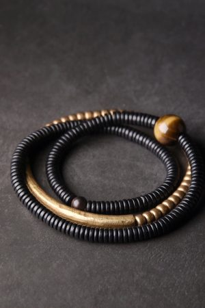 Curved Tail Flower Black Wooden Bracelet Set for Women - Retro Multi-Layer Copper Bead Design, Versatile Fashion Accessory