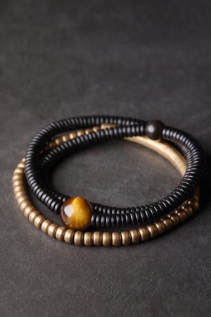 Curved Tail Flower Black Wooden Bracelet Set for Women - Retro Multi-Layer Copper Bead Design, Versatile Fashion Accessory