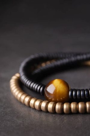 Curved Tail Flower Black Wooden Bracelet Set for Women - Retro Multi-Layer Copper Bead Design, Versatile Fashion Accessory