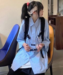 Custom Striped Loose-Fit Shirt with Tie - Japanese Style Versatile Design for Students - Trendy Casual Wear