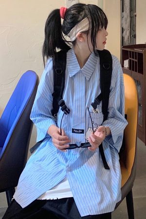 Custom Striped Loose-Fit Shirt with Tie - Japanese Style Versatile Design for Students - Trendy Casual Wear