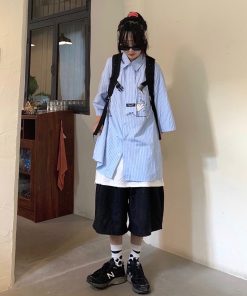 Custom Striped Loose-Fit Shirt with Tie - Japanese Style Versatile Design for Students - Trendy Casual Wear