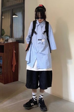 Custom Striped Loose-Fit Shirt with Tie - Japanese Style Versatile Design for Students - Trendy Casual Wear