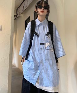 Custom Striped Loose-Fit Shirt with Tie - Japanese Style Versatile Design for Students - Trendy Casual Wear