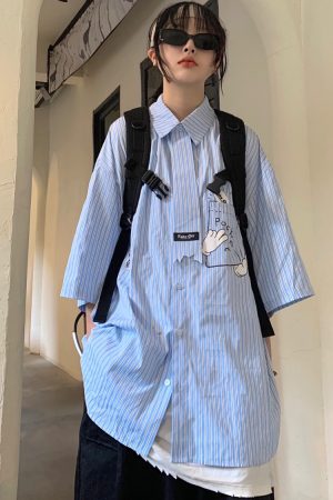 Custom Striped Loose-Fit Shirt with Tie - Japanese Style Versatile Design for Students - Trendy Casual Wear