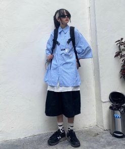 Custom Striped Loose-Fit Shirt with Tie - Japanese Style Versatile Design for Students - Trendy Casual Wear