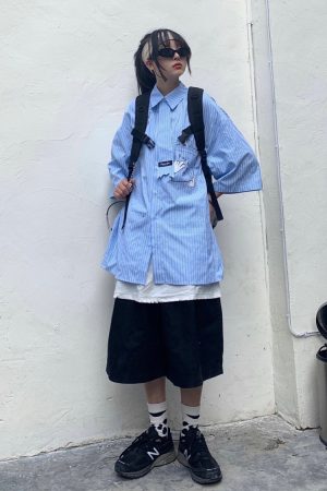 Custom Striped Loose-Fit Shirt with Tie - Japanese Style Versatile Design for Students - Trendy Casual Wear
