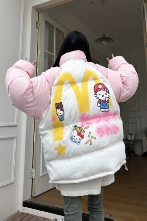 Cute Cartoon Hello Kitty Cotton Jacket - Winter Warm Curry Man McDonald's Style Coat for Cozy Comfort