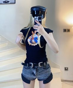 Cute Cartoon Rabbit Slim Fit Short T-Shirt Top - BabykinG Alice in Wonderland Inspired Design, Perfect for Y2K and Casual Style