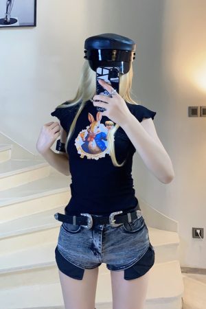 Cute Cartoon Rabbit Slim Fit Short T-Shirt Top - BabykinG Alice in Wonderland Inspired Design, Perfect for Y2K and Casual Style