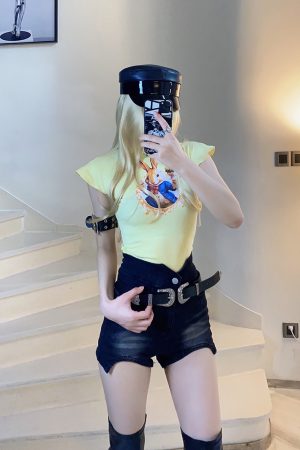 Cute Cartoon Rabbit Slim Fit Short T-Shirt Top - BabykinG Alice in Wonderland Inspired Design, Perfect for Y2K and Casual Style