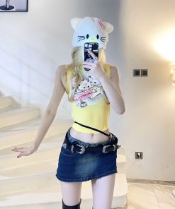 Cute Cat Print Stretchy Slim Fit T-Shirt - Comfortable Summer Top for Women - Trendy Dopamine Aesthetic