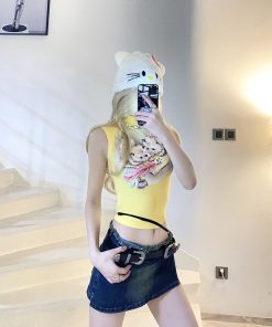 Cute Cat Print Stretchy Slim Fit T-Shirt - Comfortable Summer Top for Women - Trendy Dopamine Aesthetic