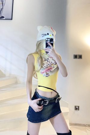 Cute Cat Print Stretchy Slim Fit T-Shirt - Comfortable Summer Top for Women - Trendy Dopamine Aesthetic