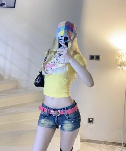 Cute Cat Print Stretchy Slim Fit T-Shirt - Comfortable Summer Top for Women - Trendy Dopamine Aesthetic