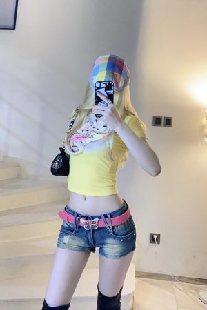 Cute Cat Print Stretchy Slim Fit T-Shirt - Comfortable Summer Top for Women - Trendy Dopamine Aesthetic