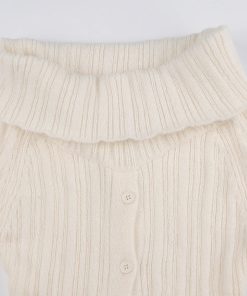 Cute Classic Outfits, Modest Girly Outfits - Button Up Off Shoulder Knitted Top