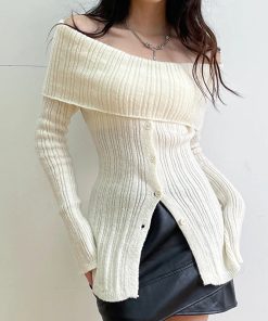 Cute Classic Outfits, Modest Girly Outfits - Button Up Off Shoulder Knitted Top
