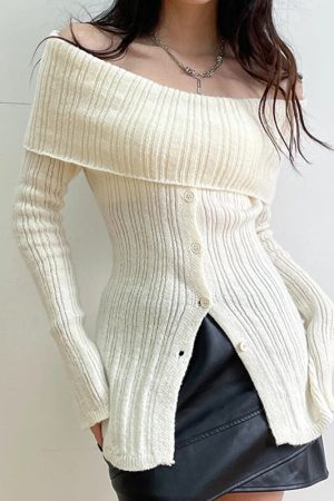 Cute Classic Outfits, Modest Girly Outfits - Button Up Off Shoulder Knitted Top