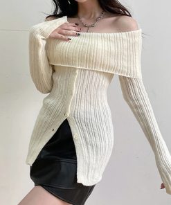 Cute Classic Outfits, Modest Girly Outfits - Button Up Off Shoulder Knitted Top