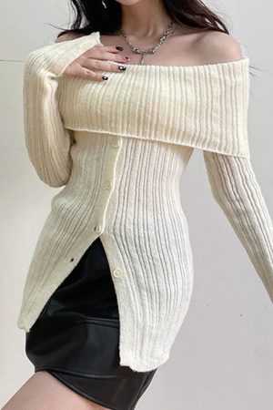Cute Classic Outfits, Modest Girly Outfits - Button Up Off Shoulder Knitted Top