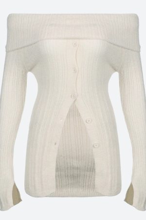 Cute Classic Outfits, Modest Girly Outfits - Button Up Off Shoulder Knitted Top